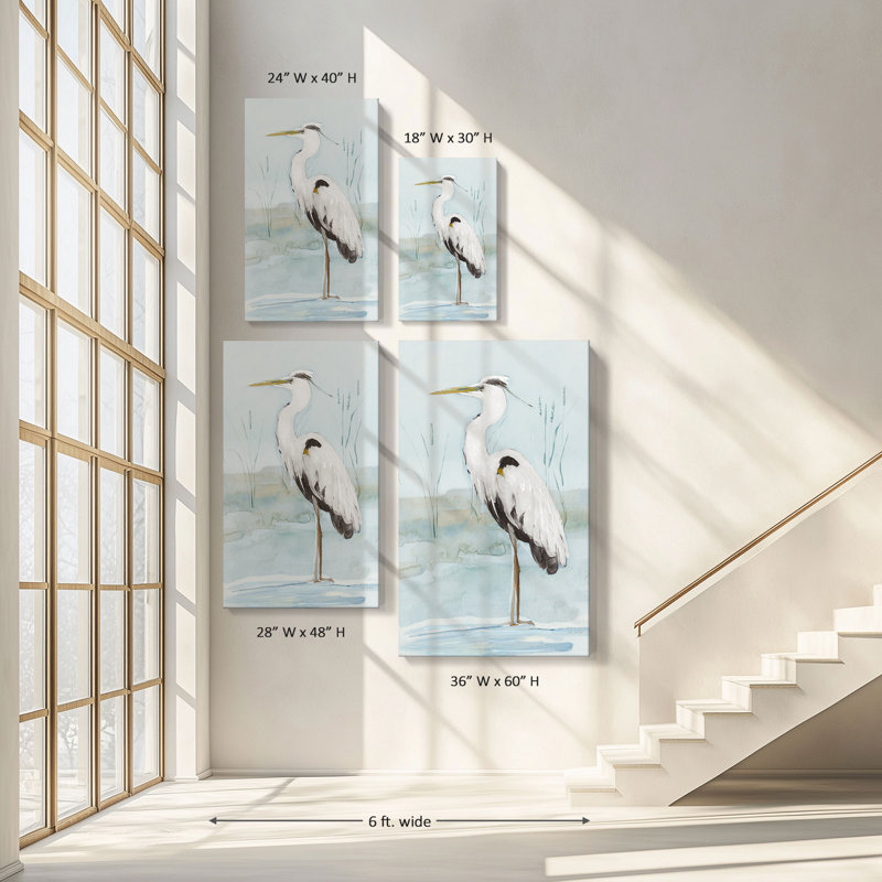 "Heron on Blue II" par Sally Swatland, reproduction sur toile, H 28 po x l 48 po x P 1,5 po