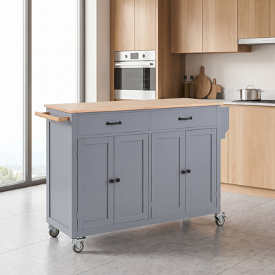 Îlot de cuisine mobile avec plateau en bois massif et roulettes verrouillables, 138 cm de large, comprenant 4 placards à portes, 2 tiroirs, un porte-épices et un porte-serviettes, gris-bleu