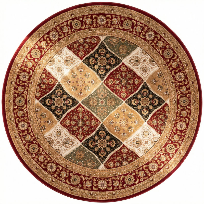 Rug Branch Aseel 8' x 8' (7'6" x 7'6") Red/Black Persian Medallion Indoor Round Area Rug, Traditional, Low Pile, Stain-Resistant Carpet - Living Room, Bedroom, Dining Room, and Kitchen