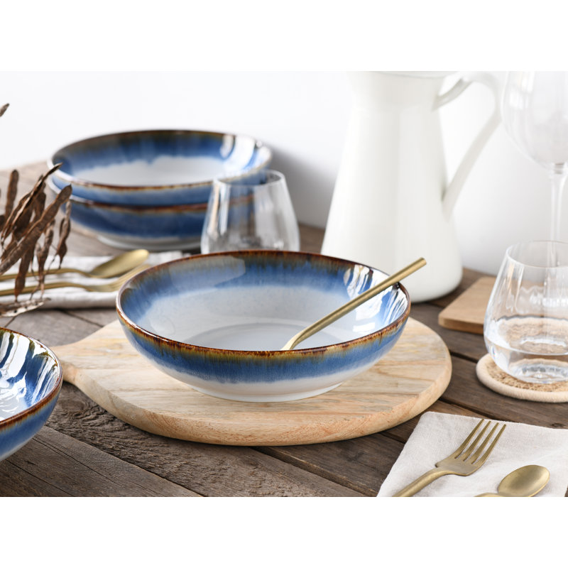 Cascade Bowls collection, 4 piece dinnerware set, poke bowl set made of stoneware, Blue/Cream