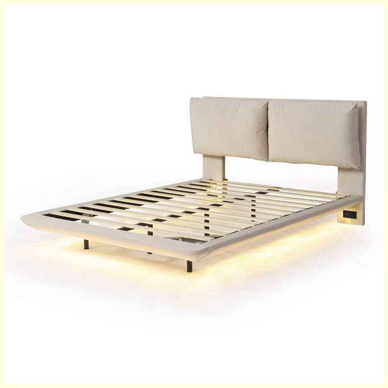Lit plateforme avec 2 ensembles de ports USB et de prises, Beige, Double