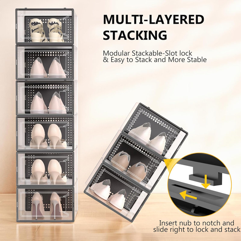 12 Pack Large Shoe Organizer Storage Boxes,Shoe Boxes Clear Stackable Display Case with Lids, Black