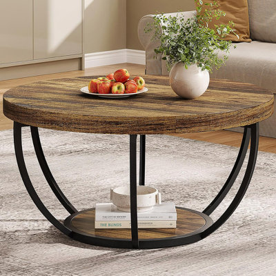 Table basse ronde en bois brun rustique à 2 niveaux avec rangement, parfaite pour les salons modernes et contemporains