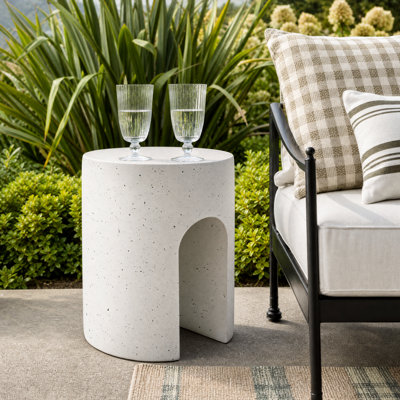 Kiyra Modern Organic MGO Outdoor Side Table with White Terrazzo Travertine-Look Finish