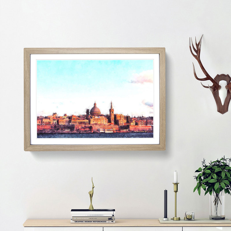 View of Valletta in Malta - Picture Frame Painting Print, 62cm H x 87cm W x 2cm D, Oak Framed