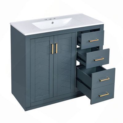 36" Bathroom Vanity With Ceramic Sink Combo, Solid Wood Frame Bathroom Storage Cabinet, Freestanding Vanity Set With 3 Drawers& Soft Closing Doors