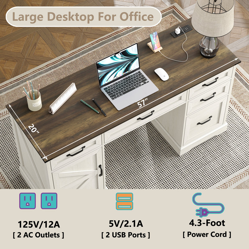 Deanjelo 57" Farmhouse Computer Desk with Outlet and 5 Drawers&Filing Cabinet,Large Storage Cabinet for Home Office