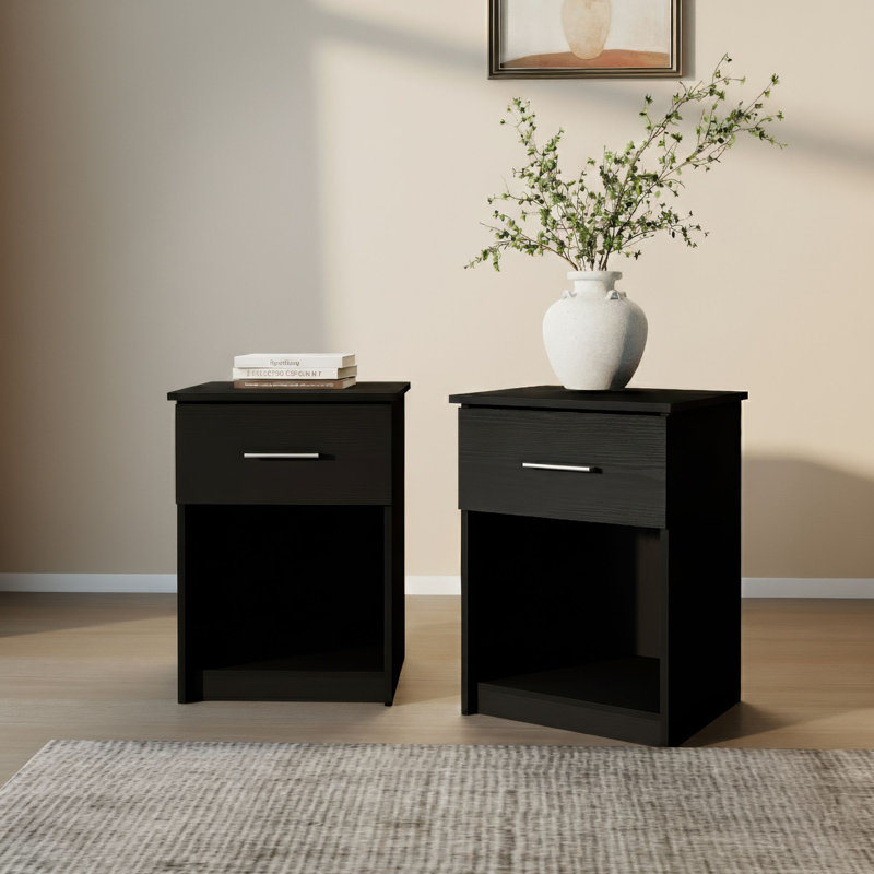Ensemble de 2 tables de chevet modernes avec tiroir et rangement ouvert 15,6 po x 17,8 po x 24,2 po, Noir