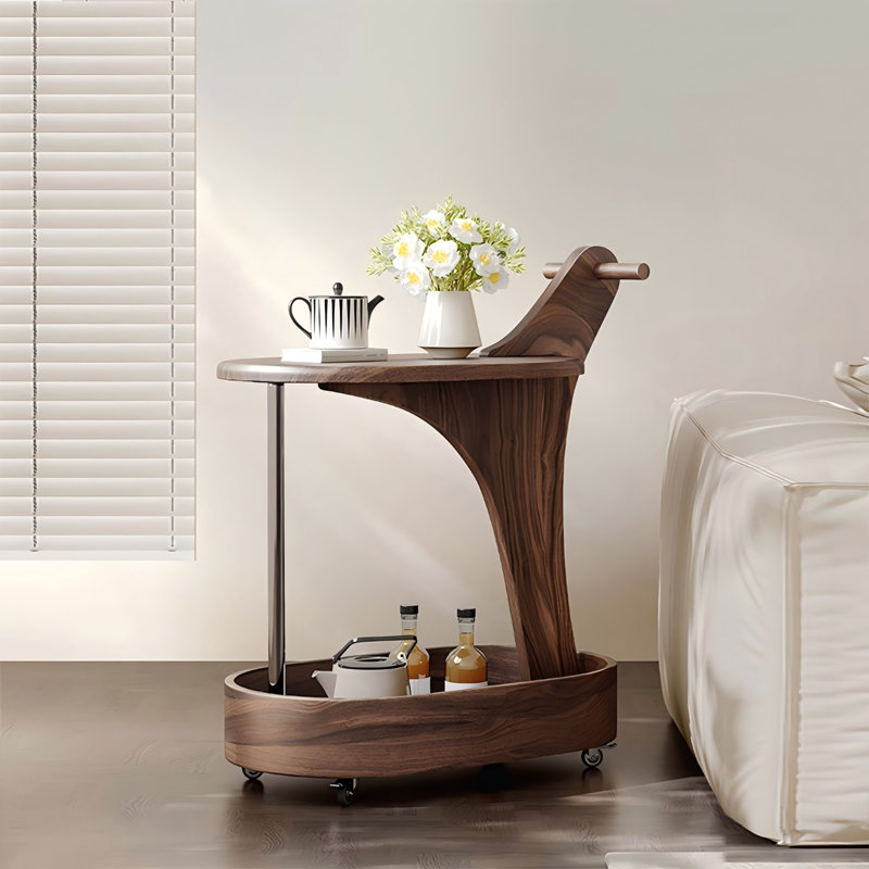 Retro Walnut Wooden Side Table with Cart, 27.95" H x 24.8" W x 14.96" D