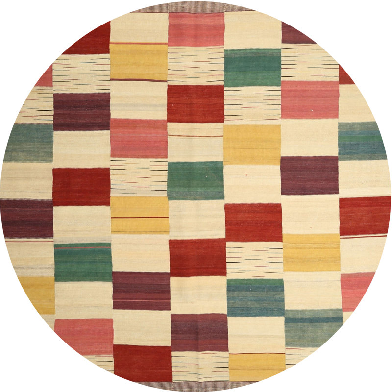 Tapis beige/rouge/jaune contemporain, Rond 5 pi