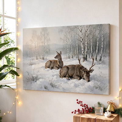 Two Deer at Sunset, Black Framed Canvas Wall Art, 16" x 24", Modern Wall Decor for Living Room and Bedroom