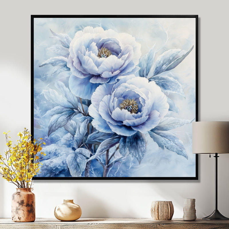 Pivoine bleue glacée - art mural pivoines, Impression encadrée flottante, Noir, noir, noir, noir, H 16 po x l 16 po