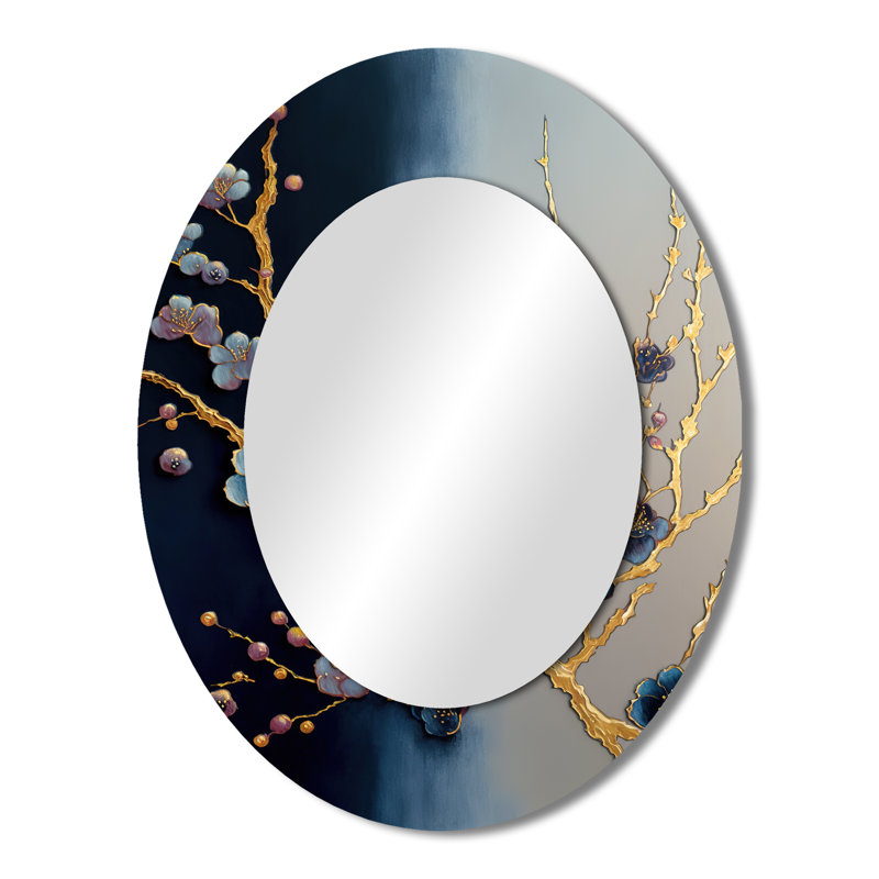 Décoration murale miroir bleu ovale Blue Cherry Blossom Branch II, 43 po x 33 po