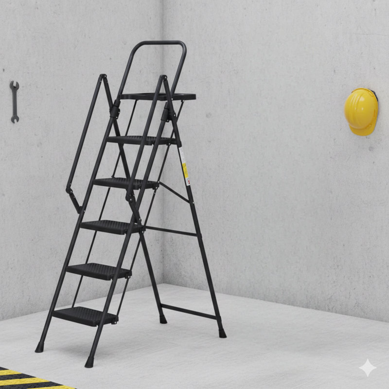 Escabeau pliable à cinq marches avec plateau à outils intégré et larges pédales antidérapantes, fabrication robuste en acier, mains courantes pratiques, escabeau en acier portable léger.