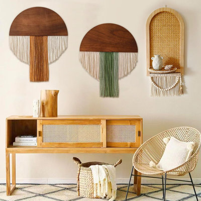 2 Pcs Macrame Wall Hanging Bohemian Style Half-Circle Wooden Board Fringe Tapestry, Boho Decor Wall Tapestry Handmade Round Tassel For Living Room Bedroom Apartment Wall Art Headboard Décor