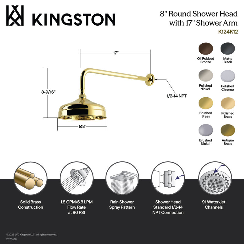 Kingston Brass Trimscape 8-Inch Round Raindrop Brass Shower Head with 17-Inch Shower Arm, Polished Chrome