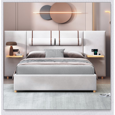 Queen Size Upholstered Platform Bed with Dual Outlets and USB Charging Ports for Enhanced Convenience and Comfort
