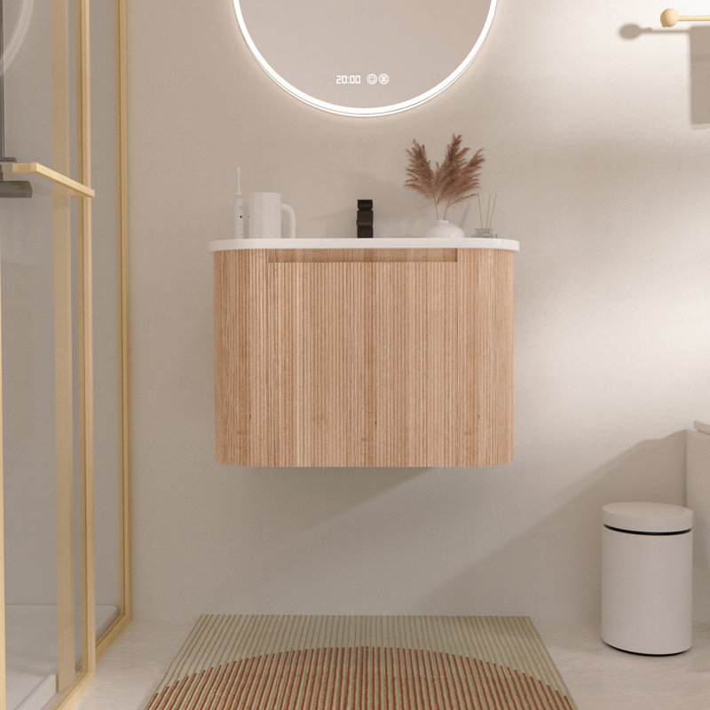 Meuble-lavabo mural avec lavabo au design incurvé, finition en bois à texture ondulée, marbre de culture intégré intégré, meuble-lavabo flottant moderne pré-assemblé avec tiroir à fermeture en douceur