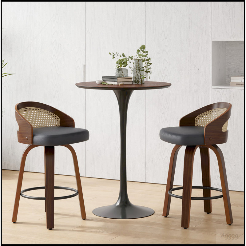 Ensemble de 2 tabourets de bar pivotants, structure en bois moderne avec dossier en rotin, tabouret en cuir de polyuréthane pour comptoir de cuisine, tabourets de bar rembourrés avec repose-pieds de style Mid-Century, tabourets de comptoir industriels
