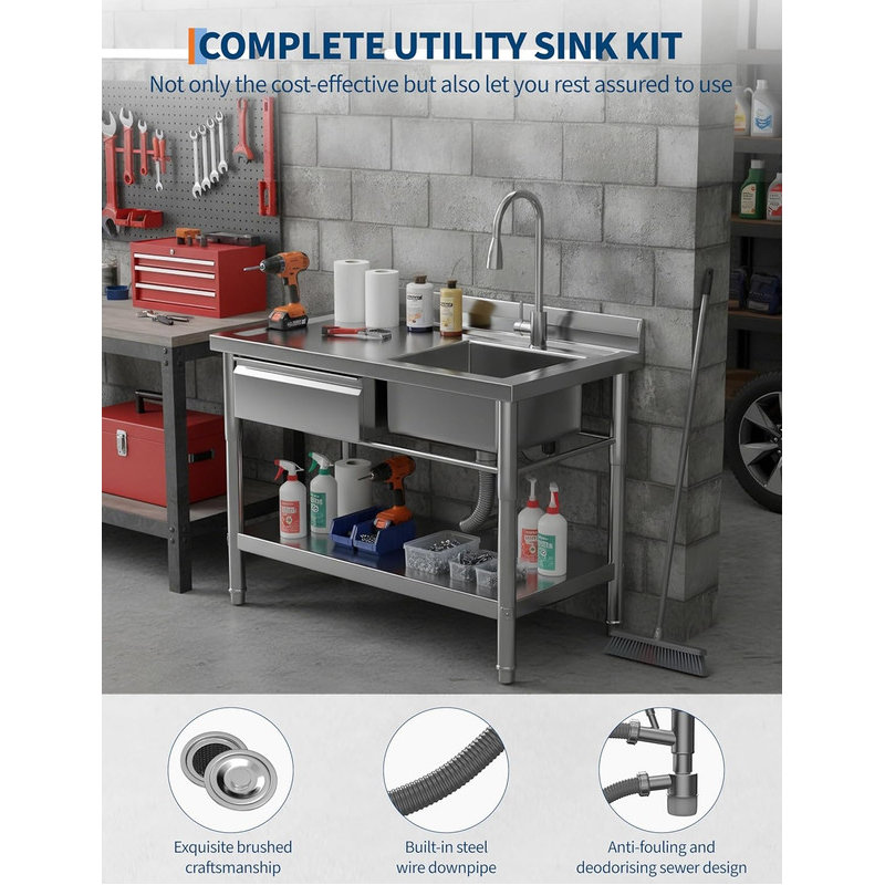 39.4" Commercial Stainless Steel Utility Sink with Drawer, Heavy‑Duty Single Bowl for Kitchen, Garage, Laundry