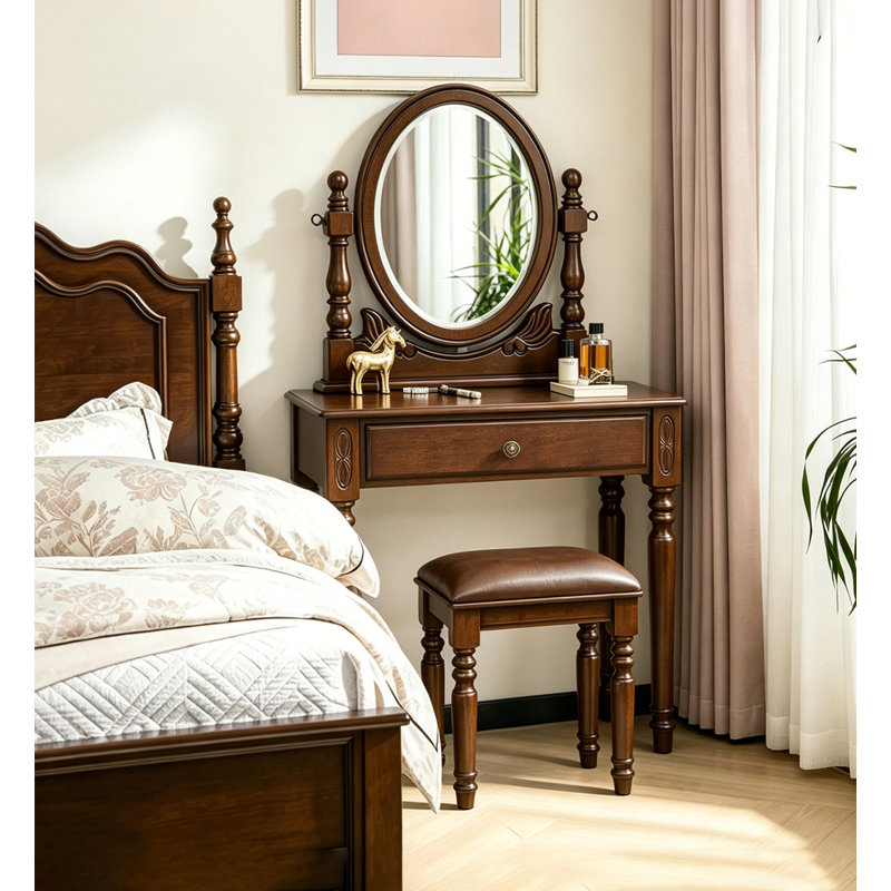 Coiffeuse vintage en bois avec miroir ovale inclinable
