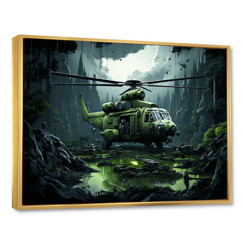 Hélicoptère militaire dans la jungle, Cadre flottant doré, H 30 po x l 40 po