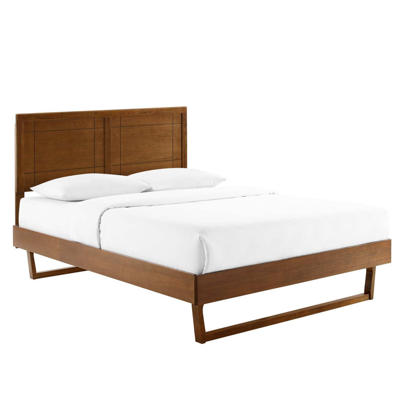 Marlee Mid-Century Twin Platform Bed in Walnut with Wood Slats