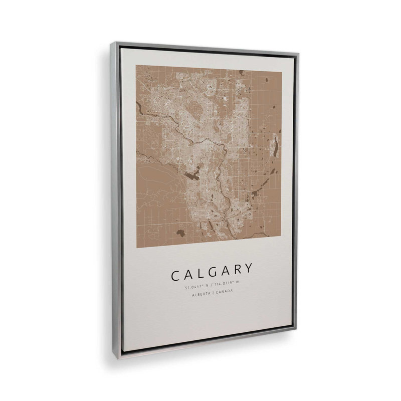 Calgary Street Map, reproduction d'art sur toile, 24 po x 36 po, Cadre flottant en chrome poli