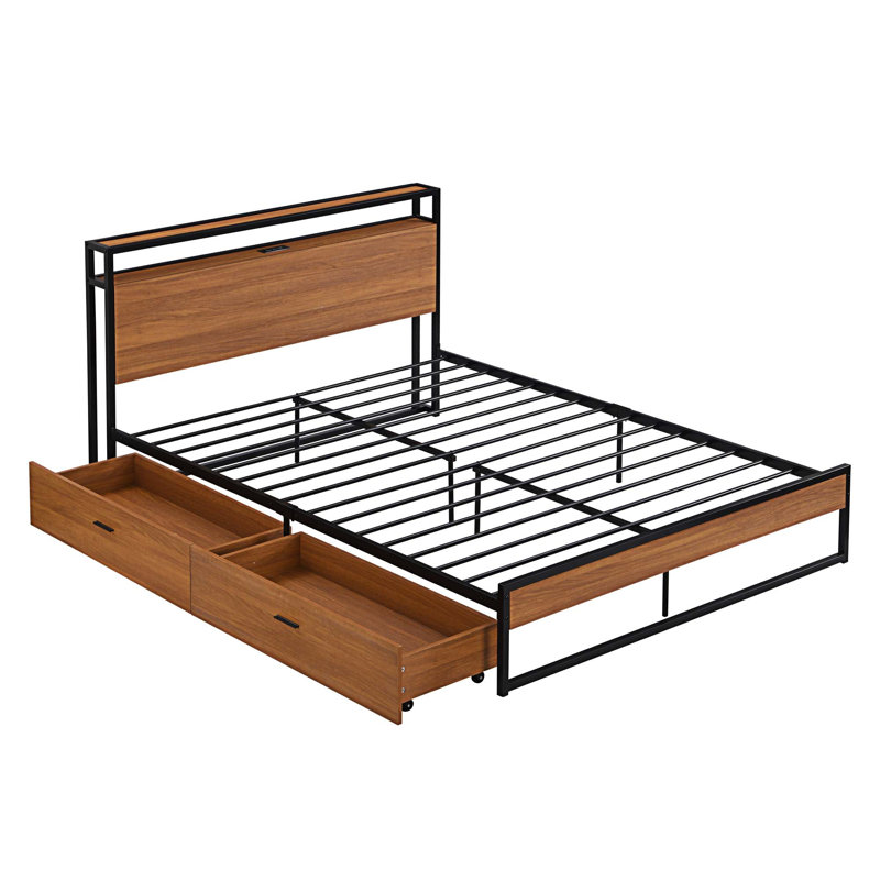 Metal Platform Storage Bed, Black, Queen