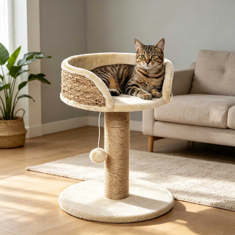 Cat Tree 49?cm Indoor Kitten Activity Centre with Large Perch Bed, Sisal Scratching Post & Dangling Ball, Beige, Beige