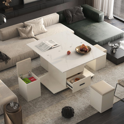 Table basse relevable avec 4 tabourets et 1 rangement caché