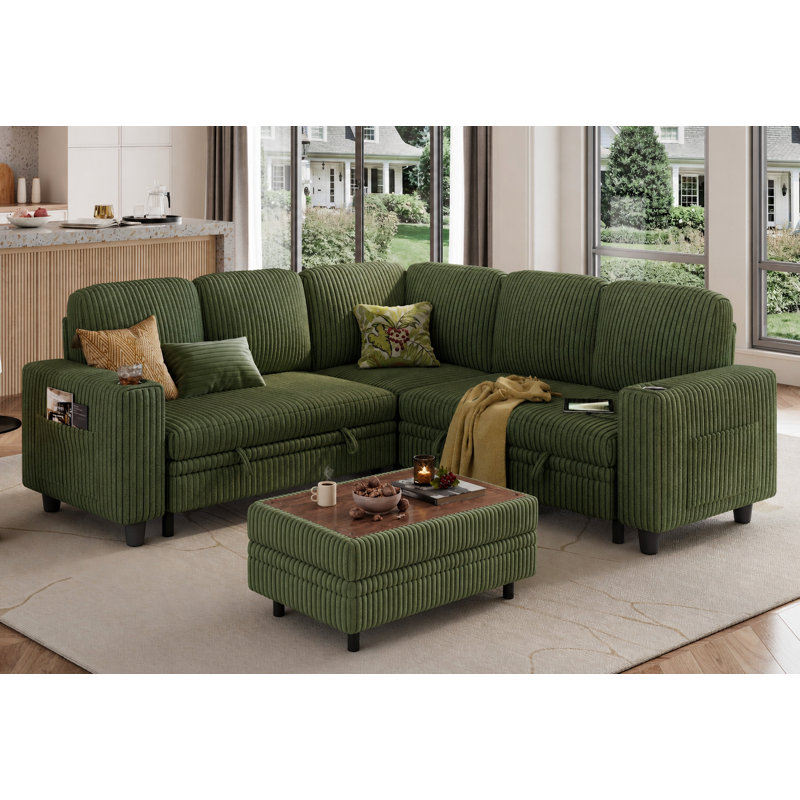 Sherry 81'' Upholstered Modular Sectionals with Ottoman, Pull-out Sofa, Storage Chaise, USB Charging & Cup Holders, 6-piece