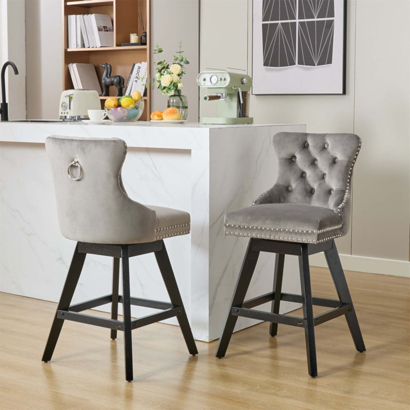 Swivel Velvet Barstools With Button Tufted Decoration, Wooden Legs, And Chrome Nailhead Trim, Set Of 2, Gray