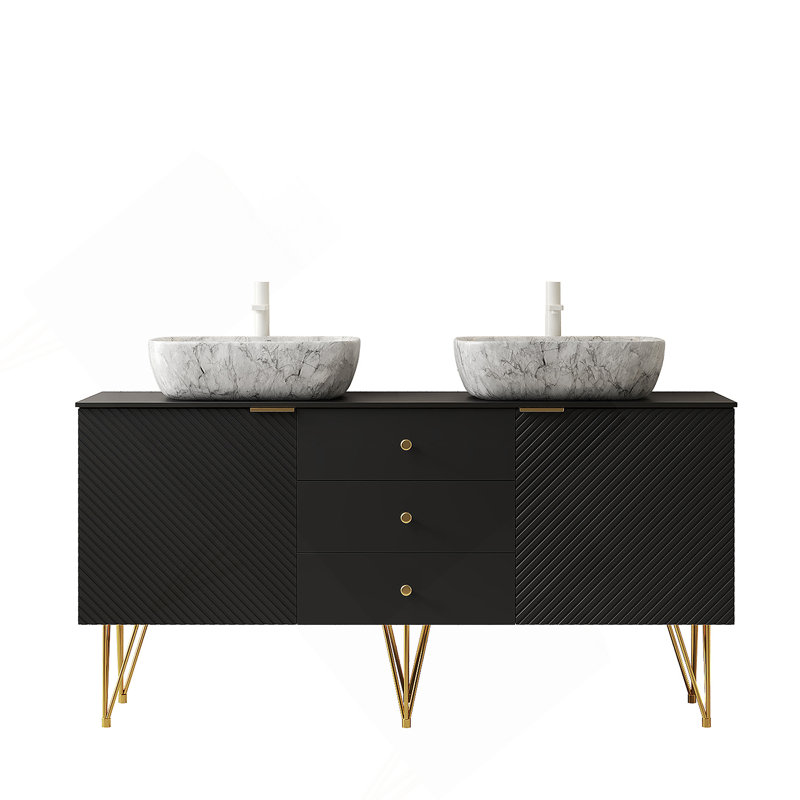 Meuble-lavabo de 60 po avec lavabo, armoire de rangement autoportante en contreplaqué avec pieds dorés, 3 tiroirs et 2 portes, 2 vasques en céramique à motif de marbre blanc et plateau en pierre frittée, noir