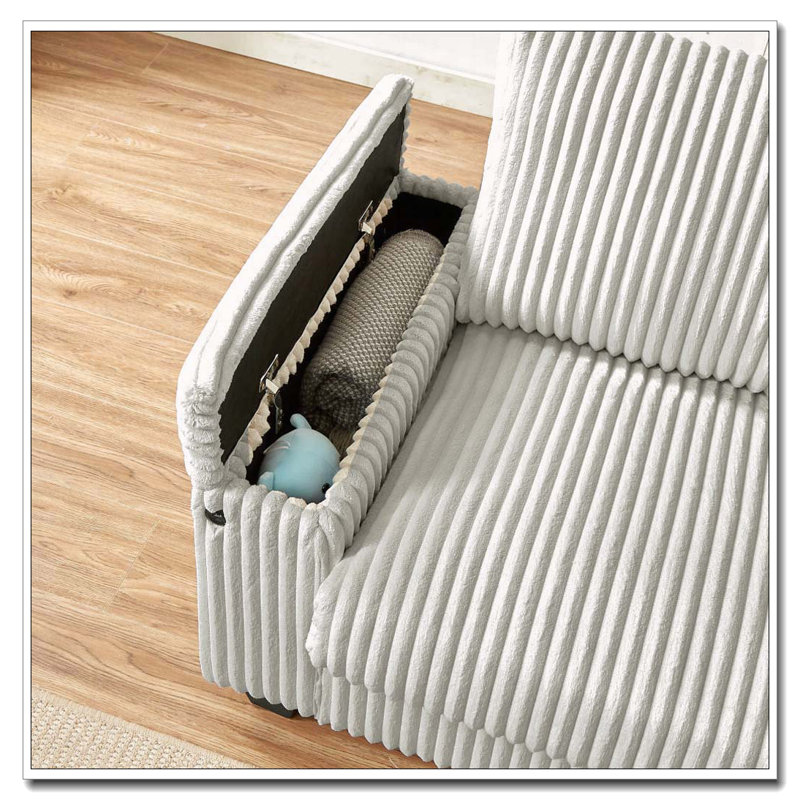 Canapé 71 po en velours côtelé avec accoudoirs de rangement port USB, White