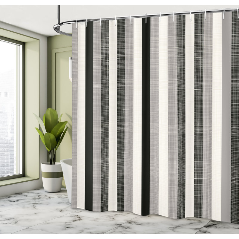 Black and Gray Striped Fabric Shower Curtain with Hooks