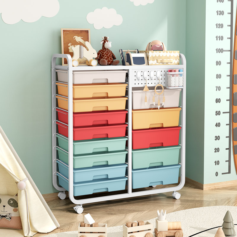 Metal Organizers Utility Cart,Rolling Cart with Wheels，Rolling Storage Cart with 14 Large Drawers, Utility Cart with Tabletop & DIY Pegboard