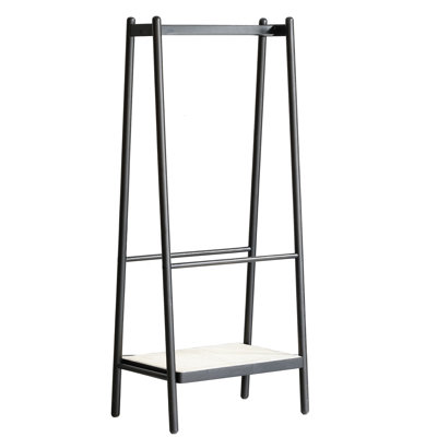 (Noir) Portant à vêtements en bois de chêne massif, portemanteau en rotin noir avec portemanteaux