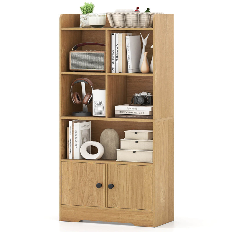 Freestanding Bookshelf with Doors 2 Storage Cabinets and 5 Cubbies 2 Anti-tip Kits Natural