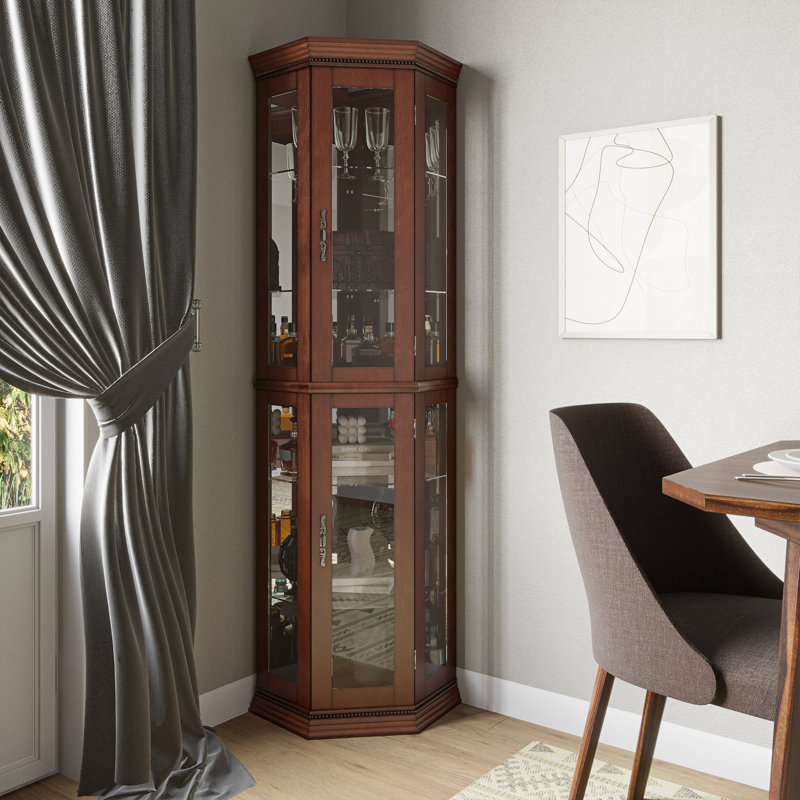 21.5" W Lighted Corner Curio Cabinet, Walnut