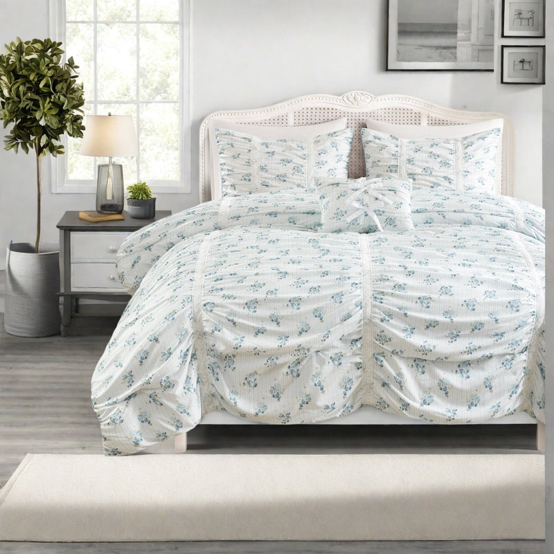 Ensembles de literie bleus froncés, couette florale en microfibre pour lit simple/simple XL