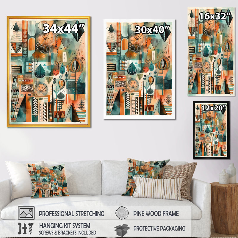 «Green and Orange Abstracted Vistas», impressions d'art abstrait paysage, H 20 po x l 12 po x P 1 po, Cadre flottant doré