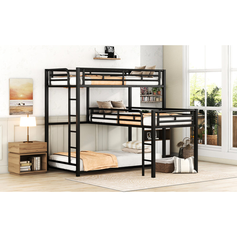 Lit superposé simple en forme de L en métal noir avec cadre et lattes sécurisées, permettant d'économiser de l'espace dans la chambre à coucher