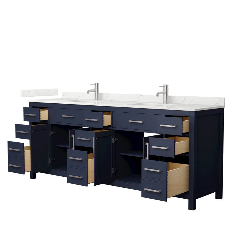Beckett 84" Freestanding Double Bathroom Vanity with Quartz Top, Brushed Nickel, Giotto Quartz, Dark Blue