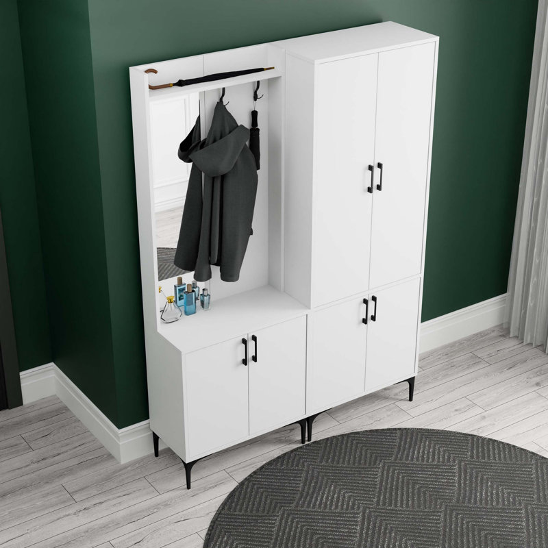 Élégant support de couloir avec support polyvalent, finition blanche, 27,6 po x 77,2 po x 13,8 po | Panneau de particules 100% mélaminé | Comprend de nombreuses tablettes et une conception murale pour plus de commodité de rangement