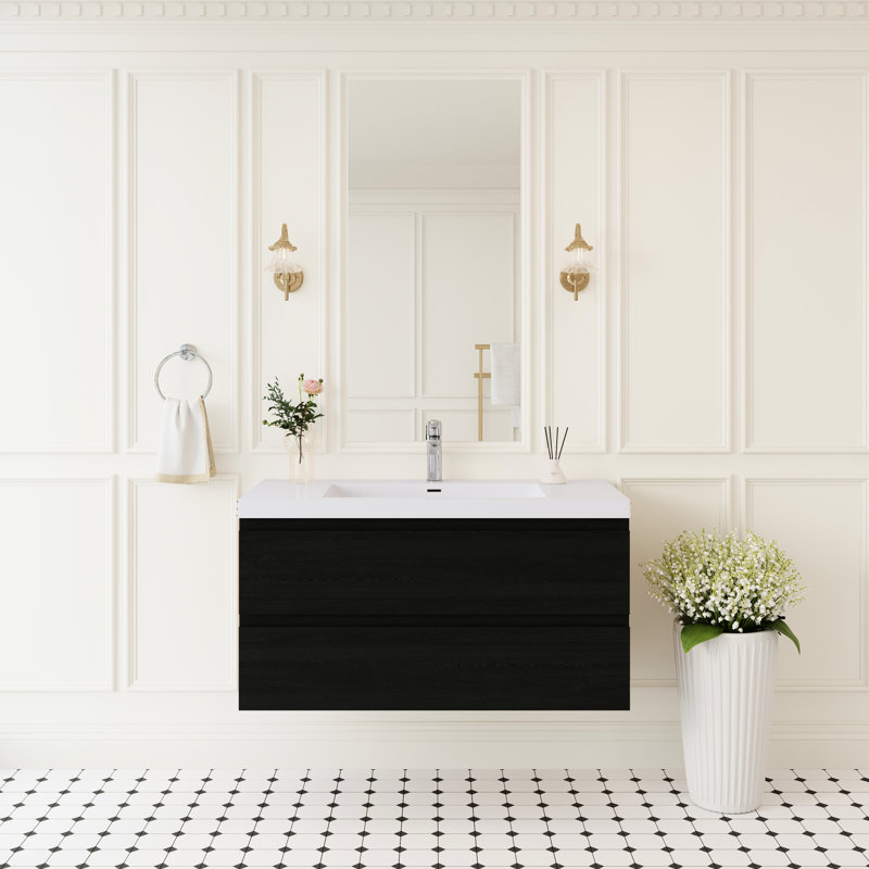 Meuble-lavabo flottant 42 po avec lavabo à surface solide et tiroirs à fermeture en douceur entièrement assemblés