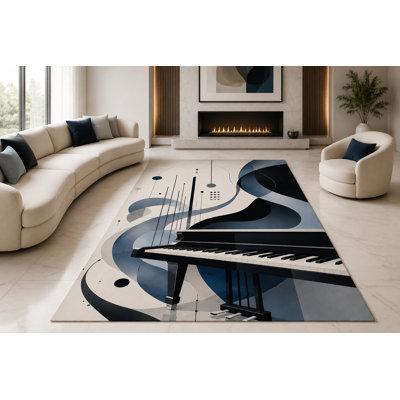 Tapis de salon moderne ultra-léger de 200 x 300 cm (6'7" x 9'10"), motif piano à queue, idéal pour le salon, la chambre et le bureau. Moquette douce à poils courts avec envers antidérapant en silicone, noir et gris.