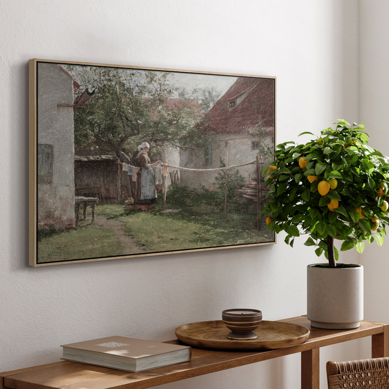Paysage rétro - CCCLXII, Toile avec cadre flottant or, H 25 po x l 37 po x P 1,5 po