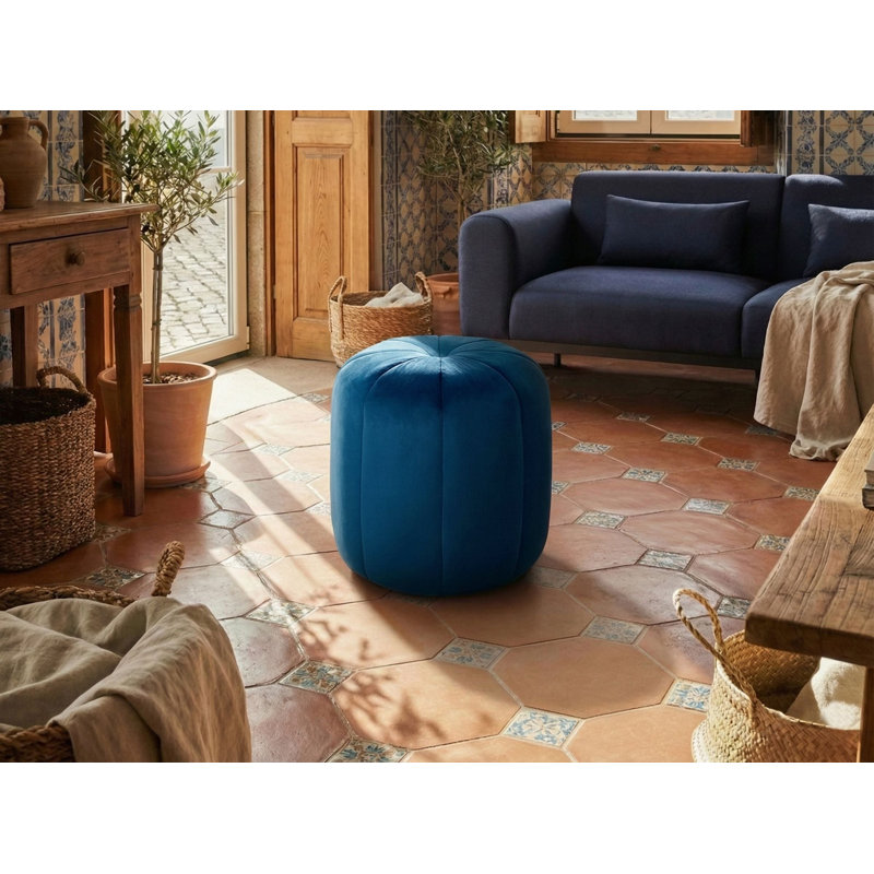40cm Wide Tufted Oval No Pattern Pouffe Ottoman, Blue