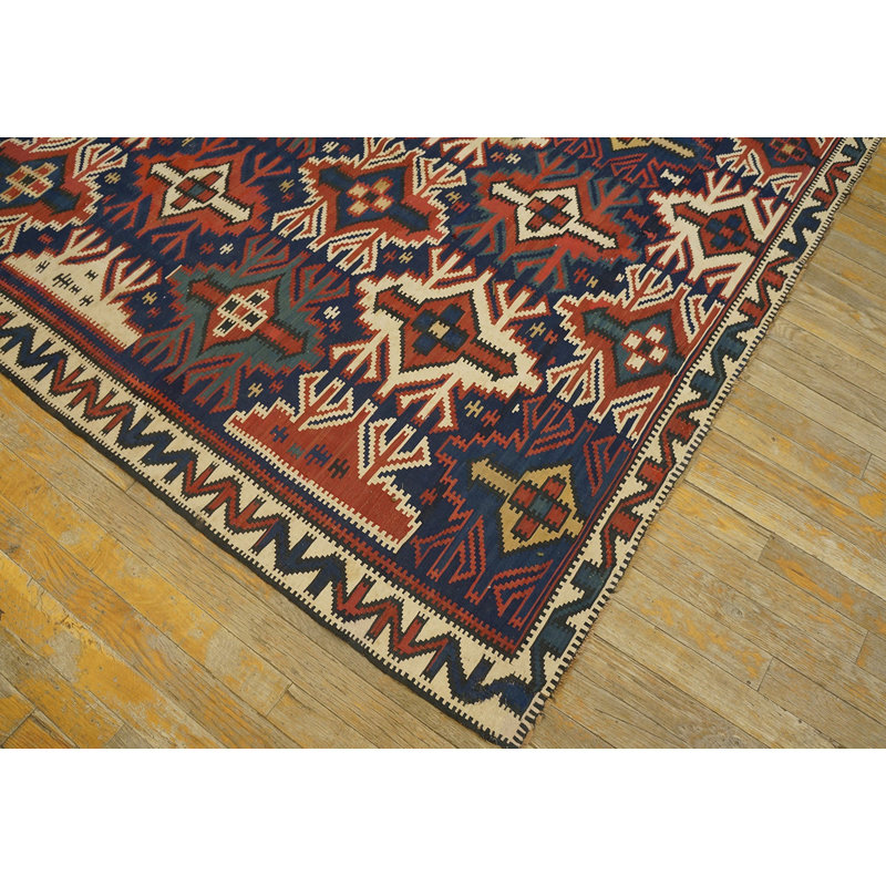 Bold Antique Tribal Geometric Design Caucasian Kilim Flatwoven Area Rug